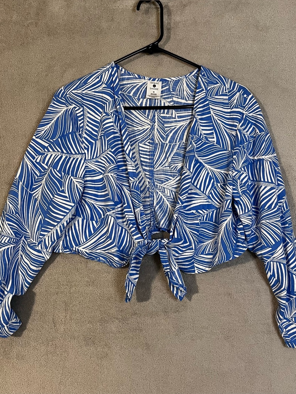 Shade & Shore Leaf-Print Tie-Front Crop Top Blue White Womens Sz Medium